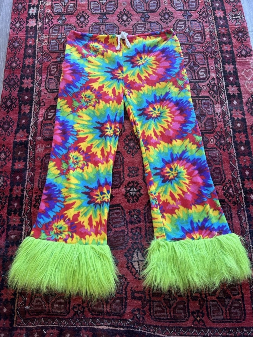 Grandma Pants Tie Dye Faux Fur Bell Bottom Festival Rave Pants L Burning Man - Picture 2 of 14